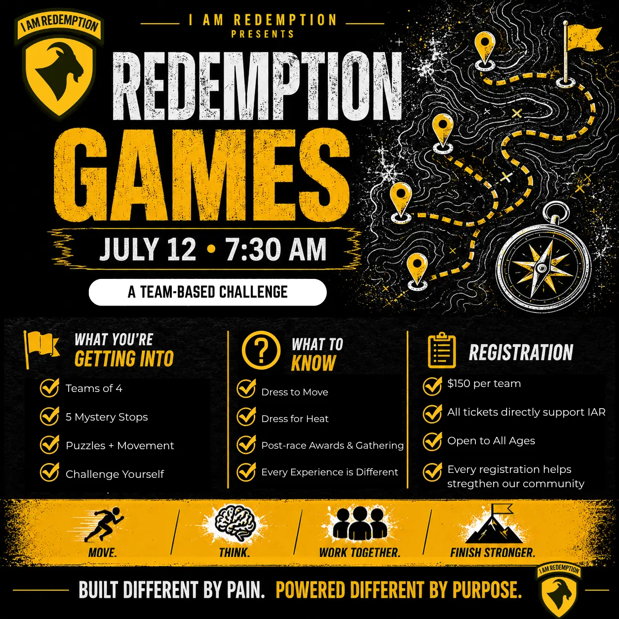 Redemption Games — July 12, 7:30 AM. A team-based challenge. $150 per team.